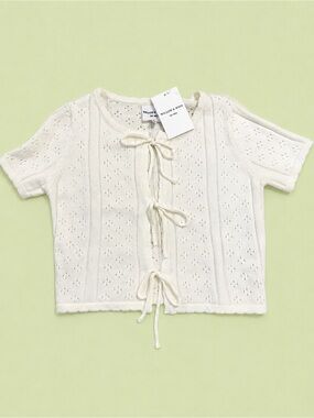 Cream Knit Tie-Front Womens Top